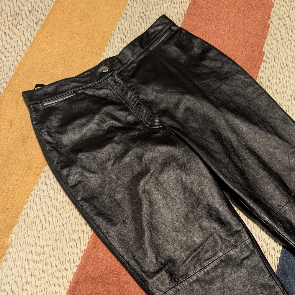 Vintage Lauren Ralph Lauren Black Lambskin Leather Pants High Rise Straight 12 - Picture 2 of 7